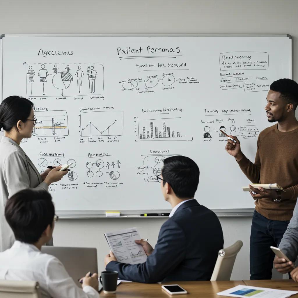 Healthcare marketing team analyzing patient personas and data insights on a whiteboard to inform content strategy.