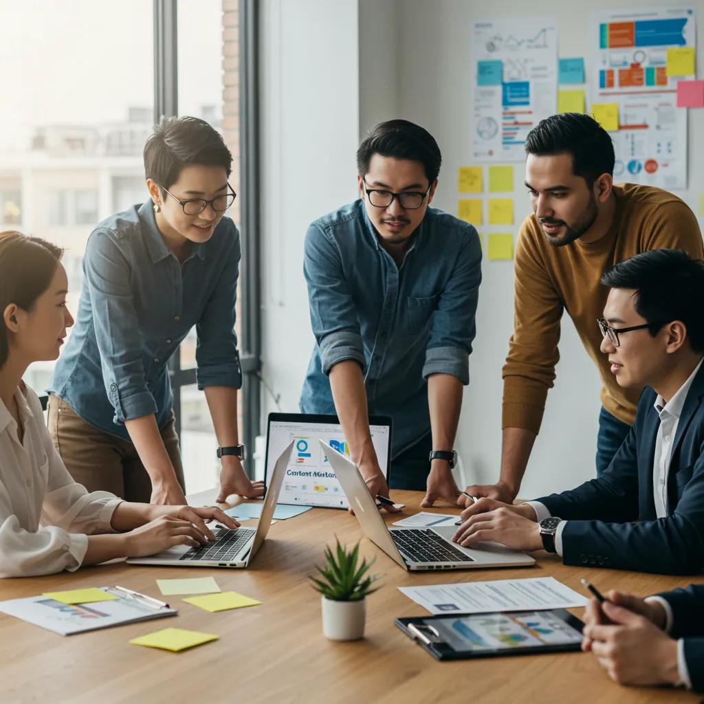 Healthcare marketing team collaborating on content strategy in a modern office