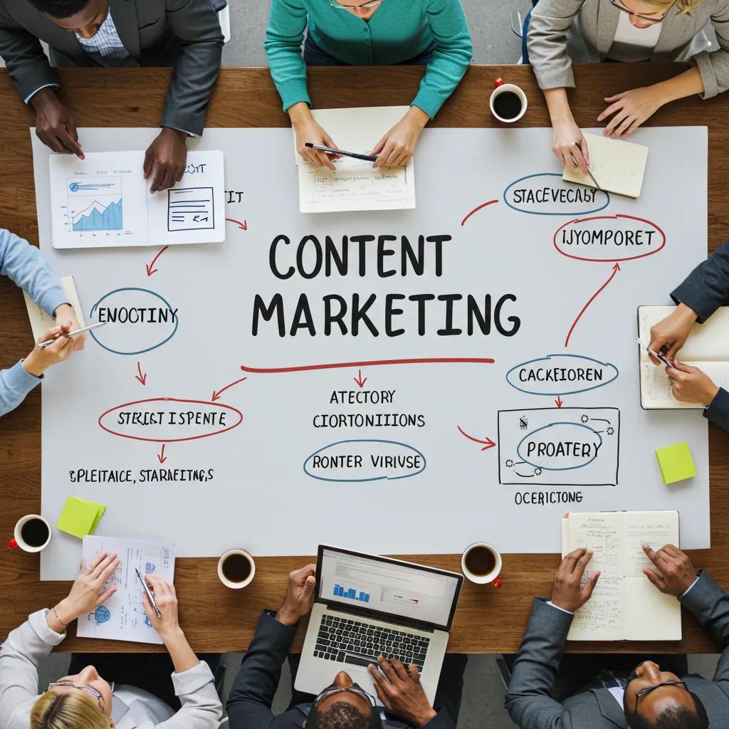 Healthcare professional explaining content marketing strategies to a clinic team in a modern office