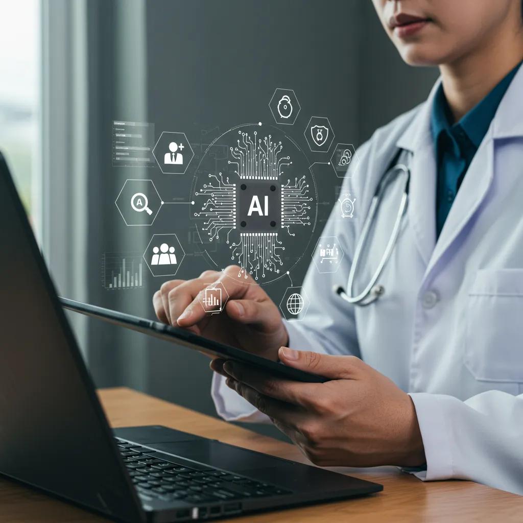 Innovative Content Marketing Strategies Driving Industry Success Healthcare professional utilizing AI tools for content marketing in a modern office