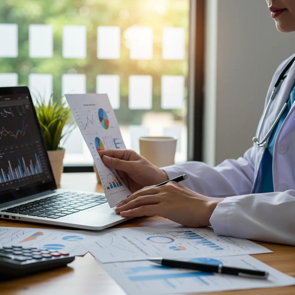 Healthcare professional analyzing content effectiveness data on a laptop in a modern office