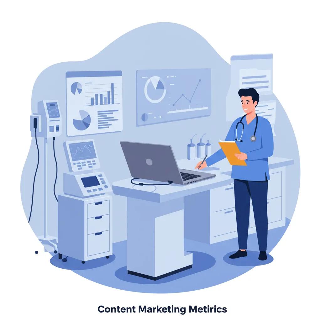 Healthcare professional analyzing content marketing metrics in a modern clinic