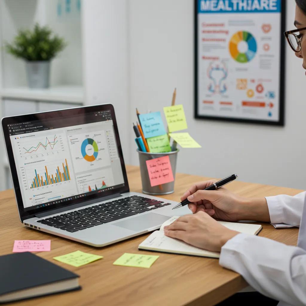 Healthcare professional analyzing content marketing strategies in a clinic