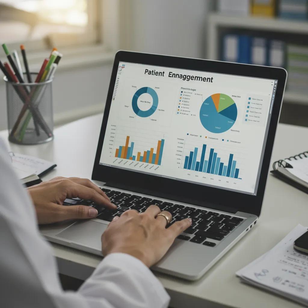 Healthcare professional analyzing patient engagement metrics on a laptop, featuring graphs and charts illustrating content performance and user behavior in a clinical setting.