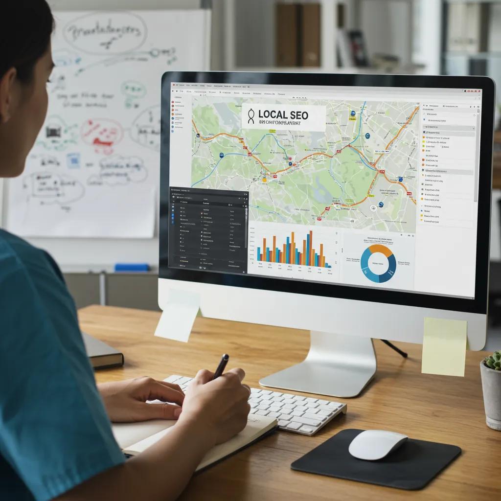 Healthcare professional analyzing local SEO data on a computer screen in a modern office