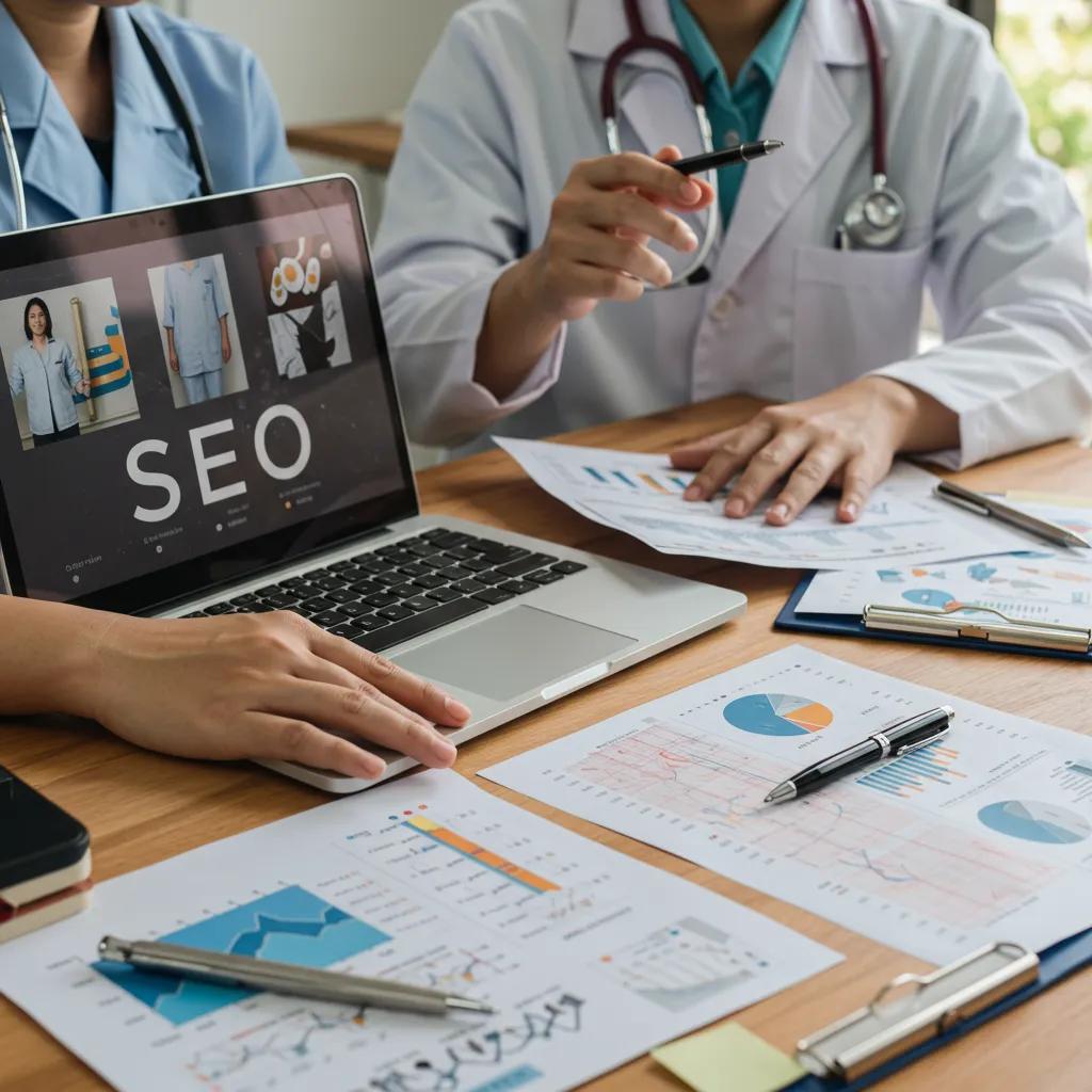 Healthcare professional analyzing SEO data with medical charts in a modern workspace