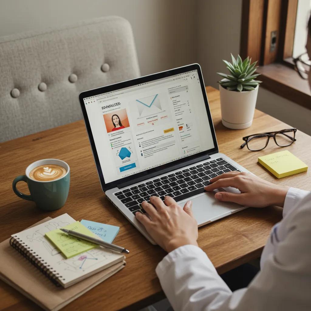 Healthcare professional crafting an email newsletter in a cozy workspace