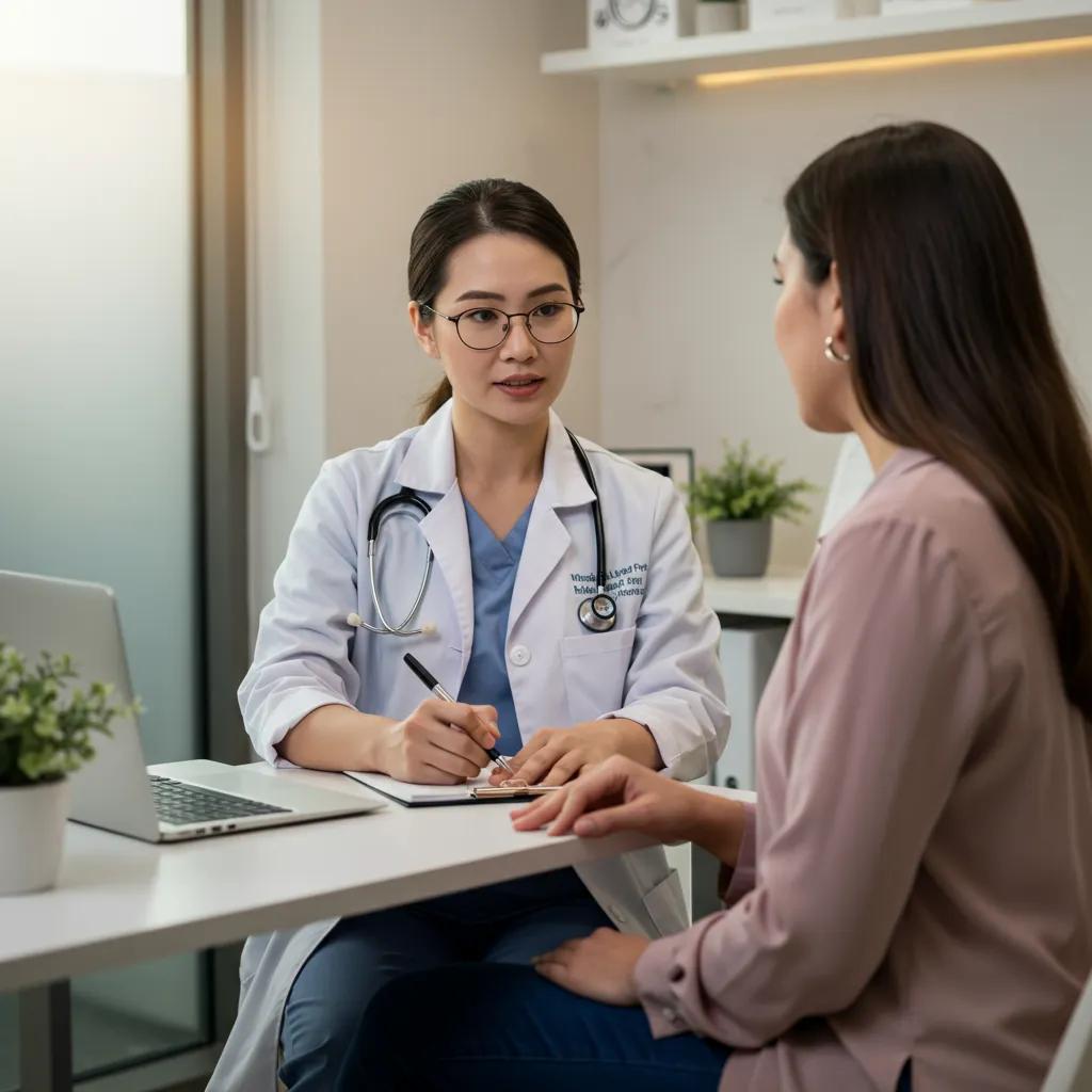 Healthcare professional discussing content strategies with a patient in a modern clinic setting, focusing on lead generation and patient engagement.