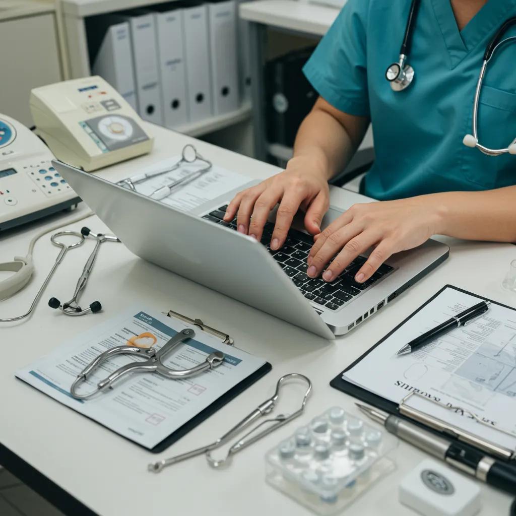 Healthcare professional engaging in content publishing at a modern clinic