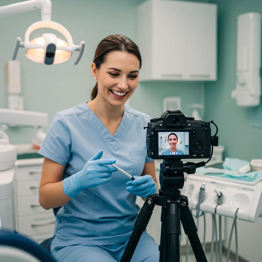 Patient engaging with interactive video content in a dental office