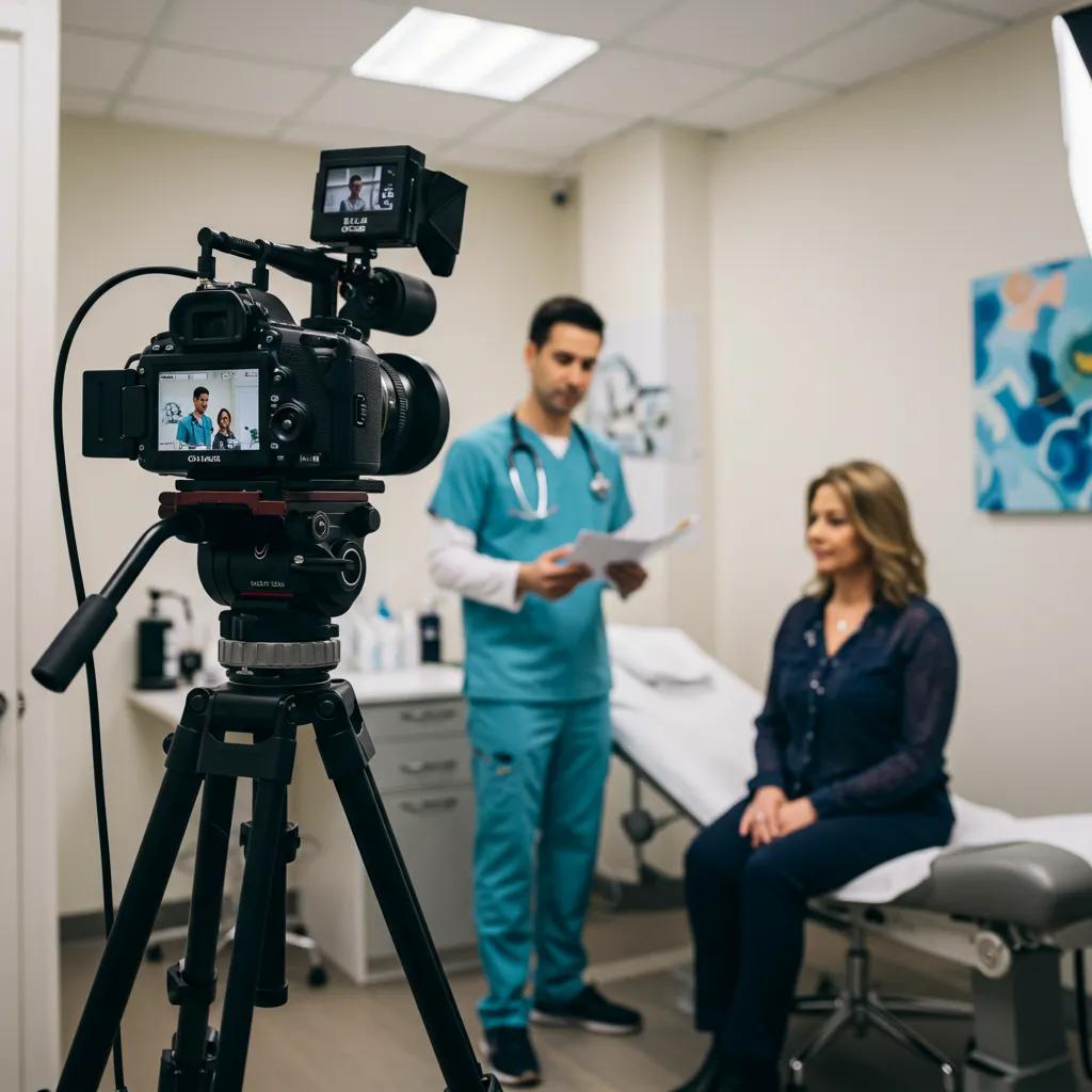 Healthcare professional filming a testimonial video with a patient in a clinic, showcasing engagement and trust