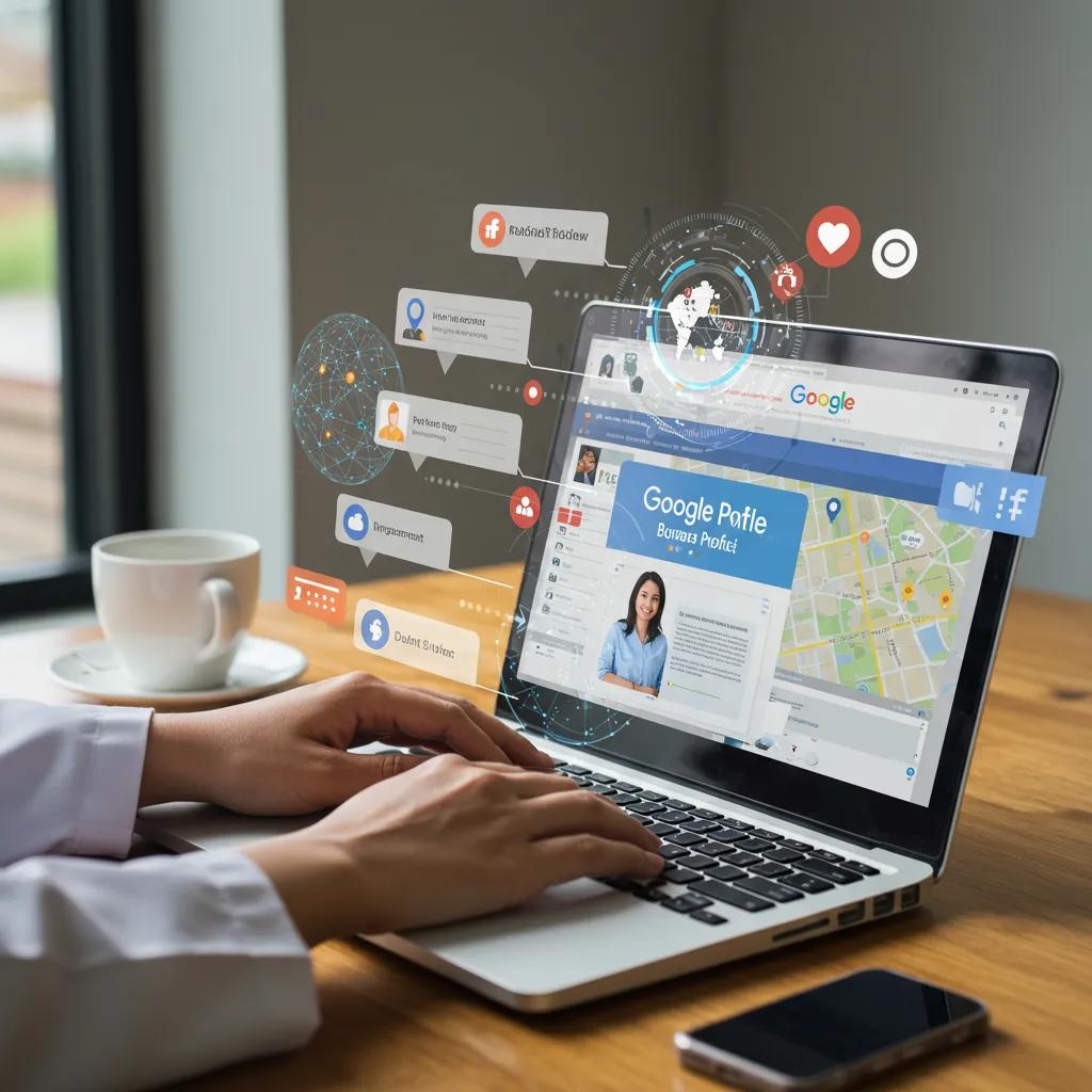Healthcare professional managing Google Business Profile with patient reviews and digital engagement elements