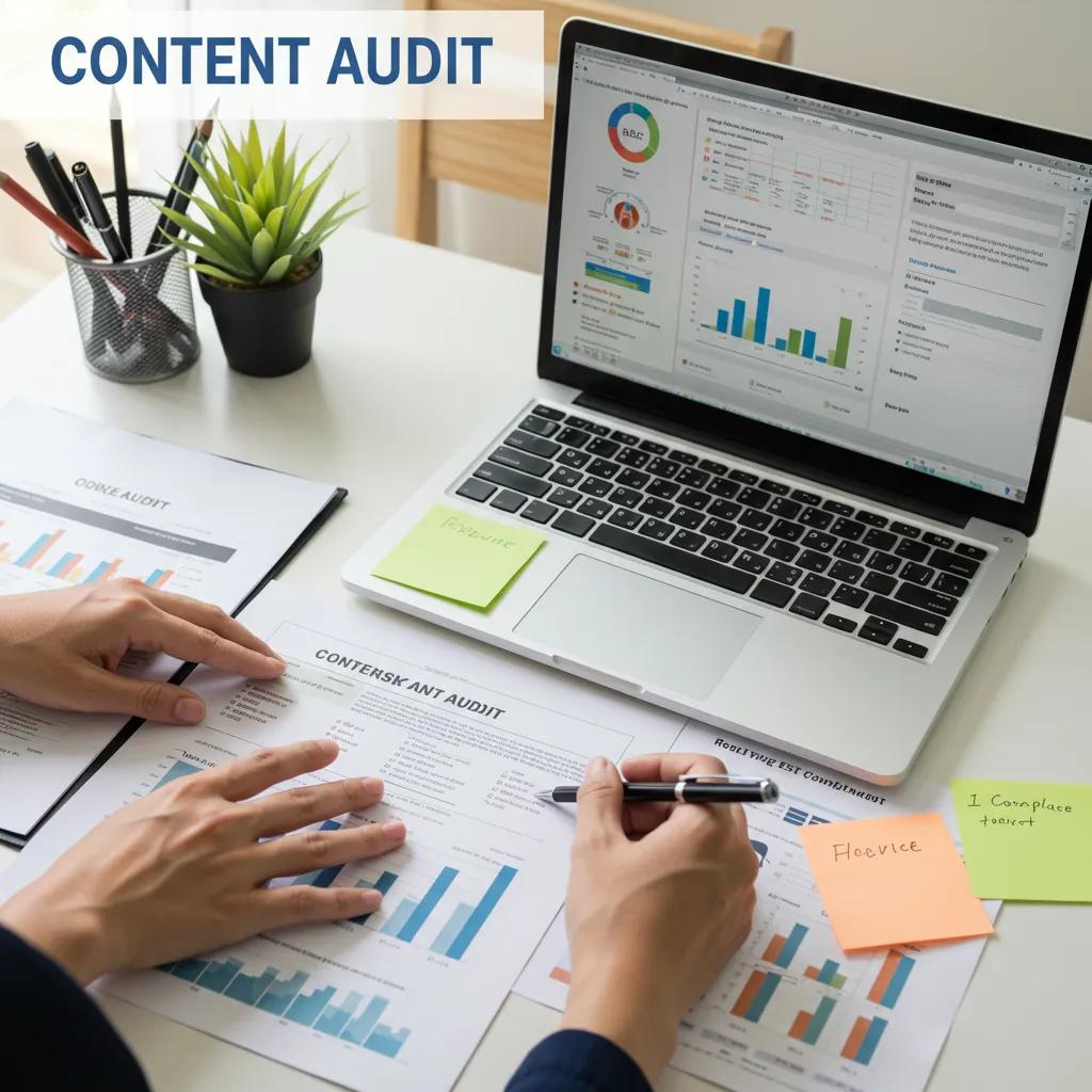 Healthcare professional conducting a content audit, analysing performance metrics on printed documents and laptop, highlighting the importance of content strategy for medical practices.