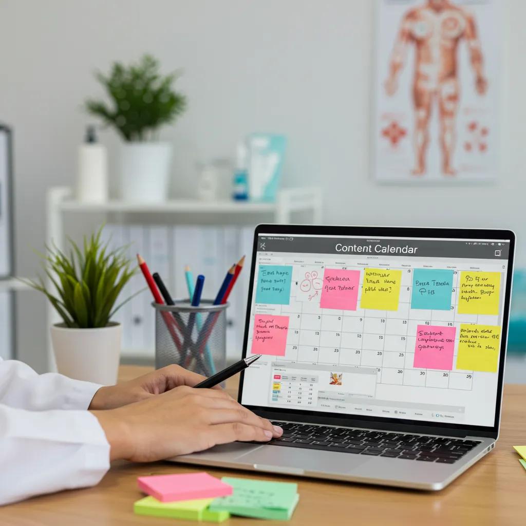 Healthcare marketing team collaborating on a content calendar, showcasing teamwork and planning