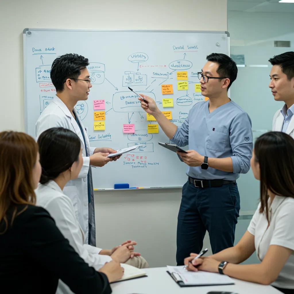 Healthcare professionals discussing a content marketing strategy for dental practices, with a whiteboard featuring diagrams and notes in a modern office setting.
