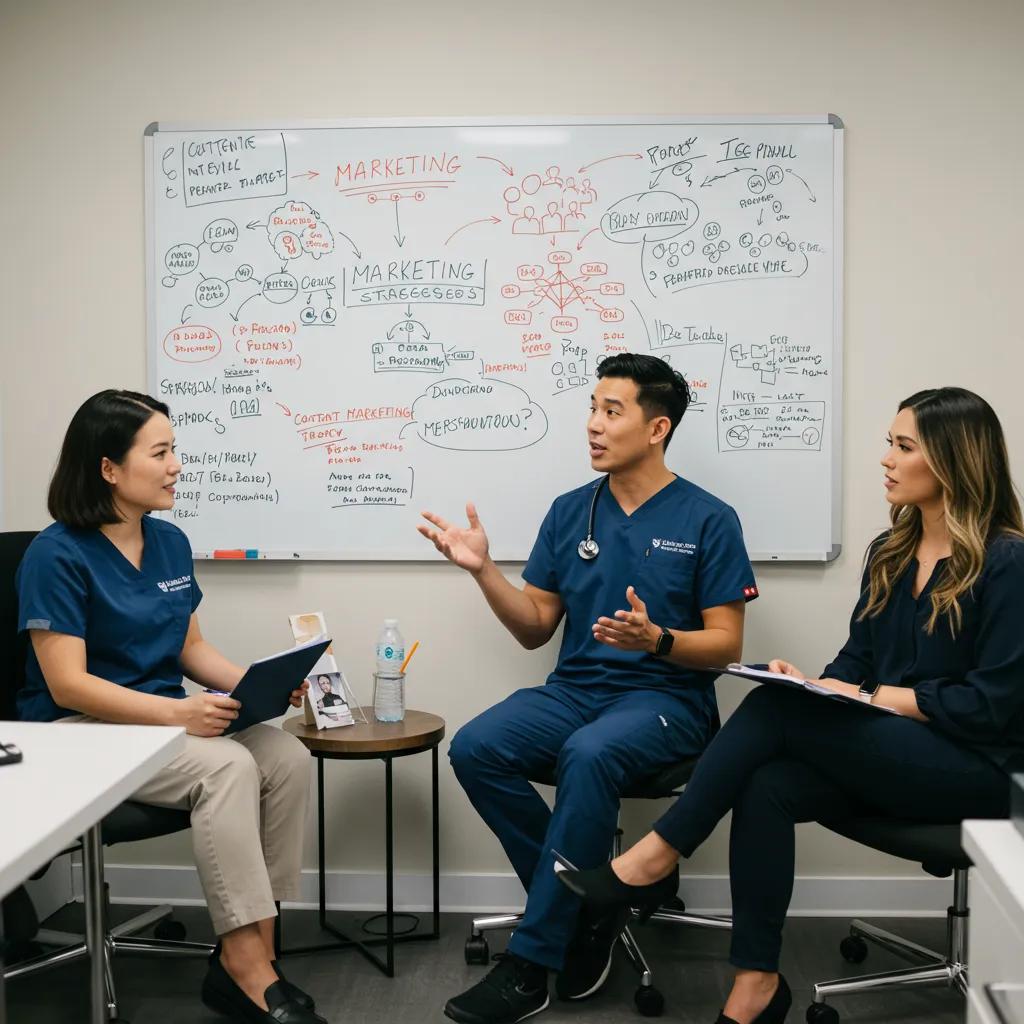 Healthcare professional presenting content marketing strategies to a dental practice team