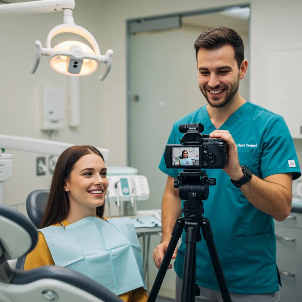 Healthcare professional recording a patient testimonial in a dental clinic, highlighting video marketing benefits