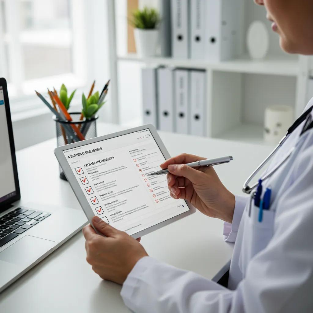 Proven Strategies to Ensure Consistent Content Quality and Regular Publishing Frequency Healthcare professional reviewing editorial guidelines on a tablet in an office setting, emphasizing content quality and clinical standards for patient education.