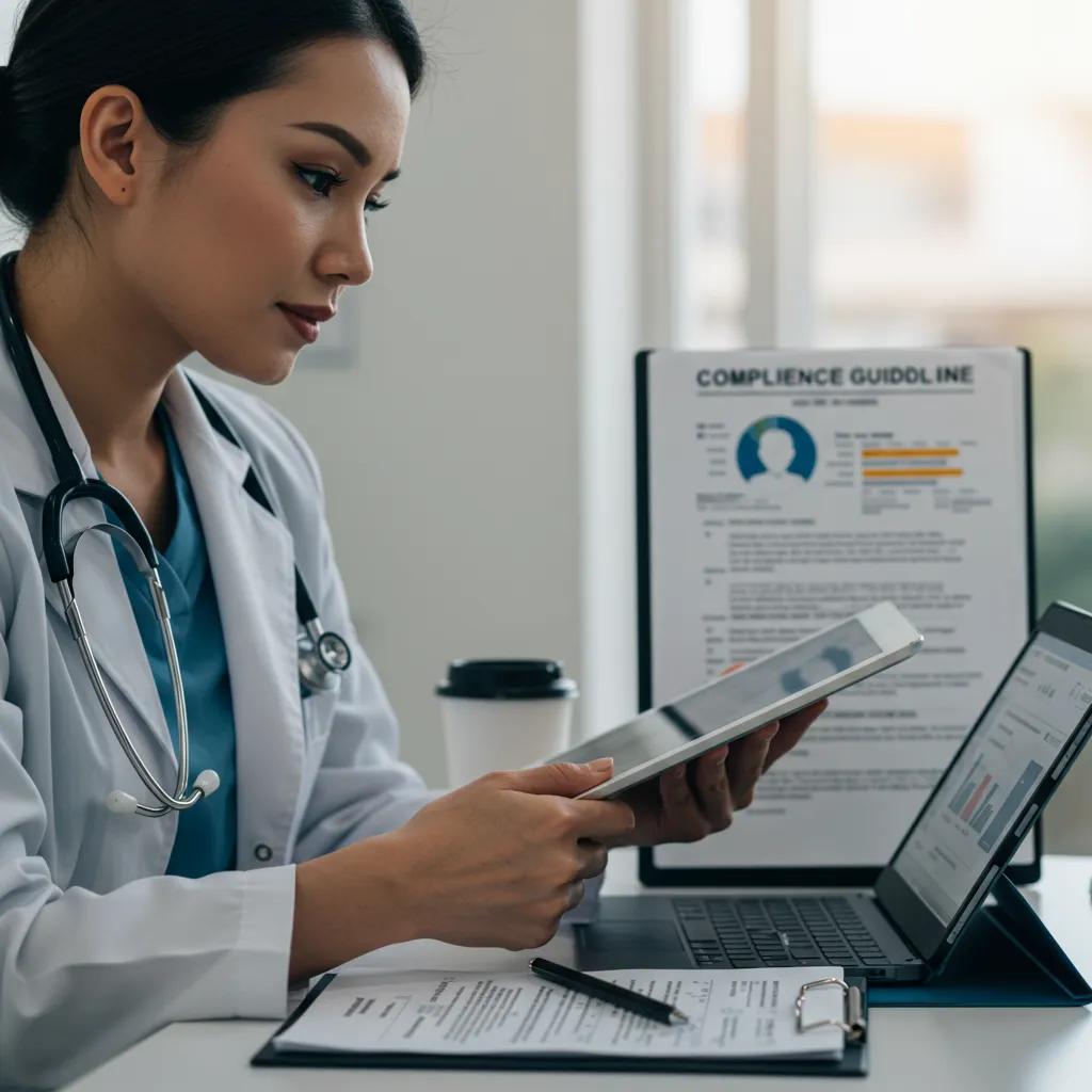 Understanding the Unique Aspects of Business Profile Management Across Social Media Platforms Healthcare professional reviewing social media compliance guidelines, emphasizing regulatory adherence