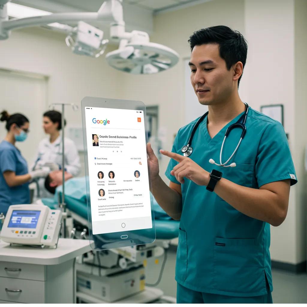 Healthcare professional using a digital device to manage Google Business Profile in a modern clinic