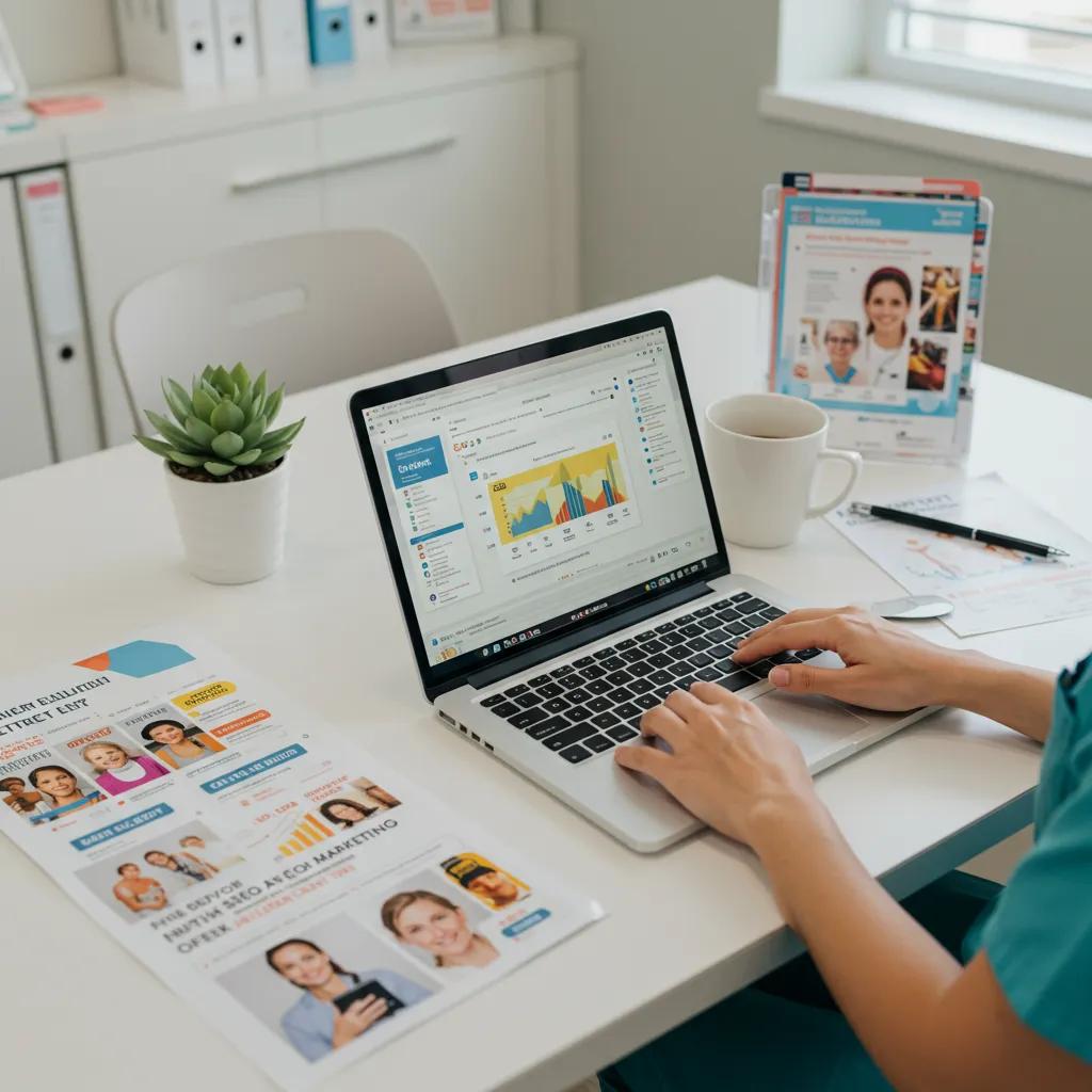 Integrating SEO With Content Marketing: The Key to Success Over Standalone Efforts Healthcare professional using a laptop in a clinic, illustrating the integration of SEO and content marketing
