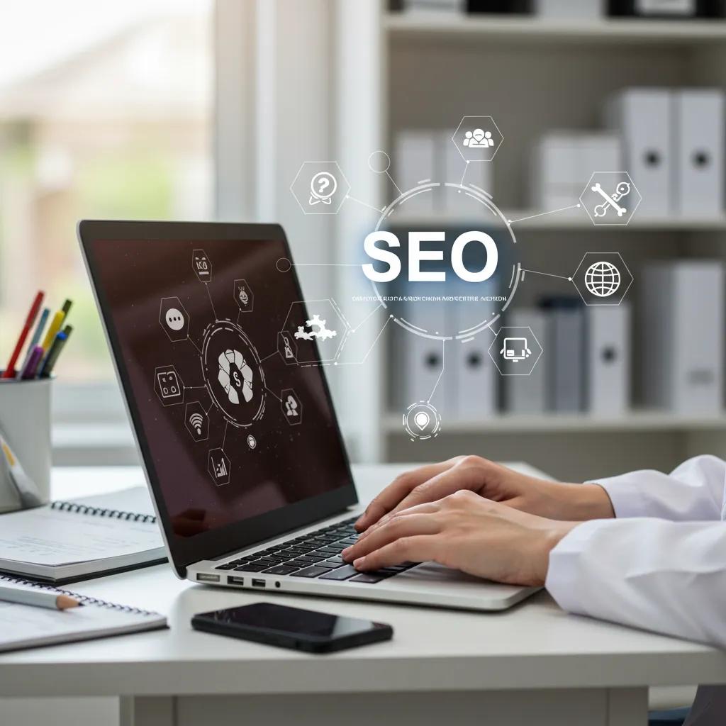 Elevate Content Marketing Success: The Role of SEO Healthcare professional using a laptop in a clinic, representing SEO in healthcare marketing
