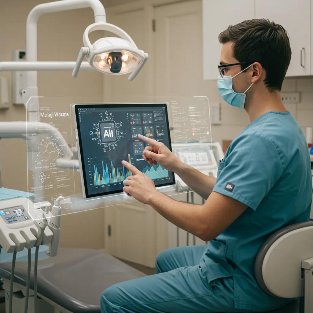 Healthcare professional utilizing AI technology in a dental practice to enhance content marketing strategies