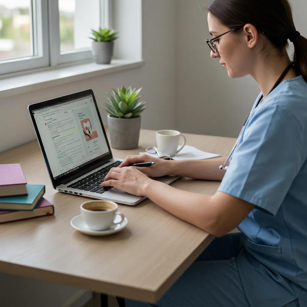 Healthcare professional in scrubs writing a blog post on a laptop in a cozy office, emphasizing the role of blogs in building authority for dental practices.