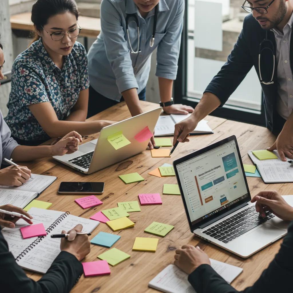 Healthcare professionals brainstorming content strategies in a collaborative and innovative environment