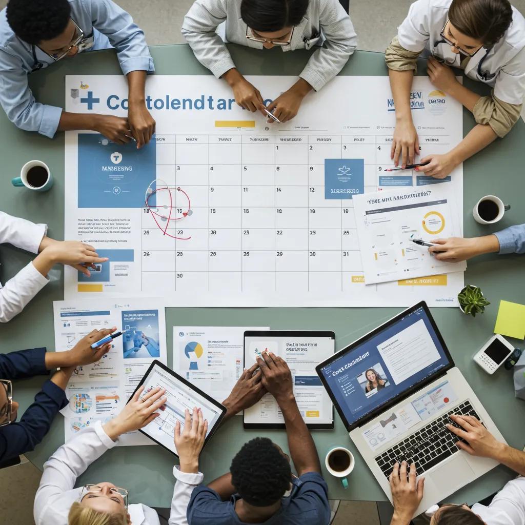Healthcare professionals collaborating on a content calendar in a modern clinic setting