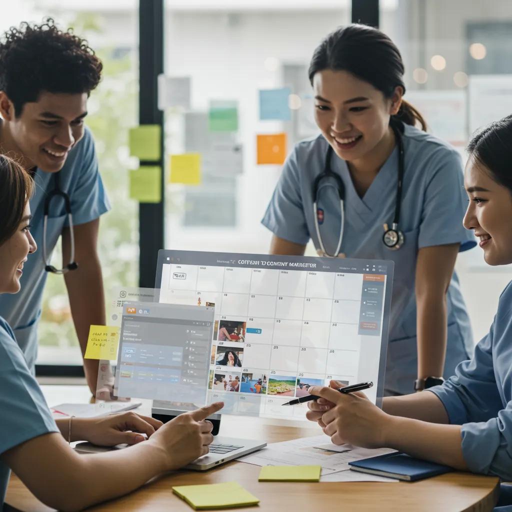 Healthcare professionals collaborating on a digital content calendar for social media marketing