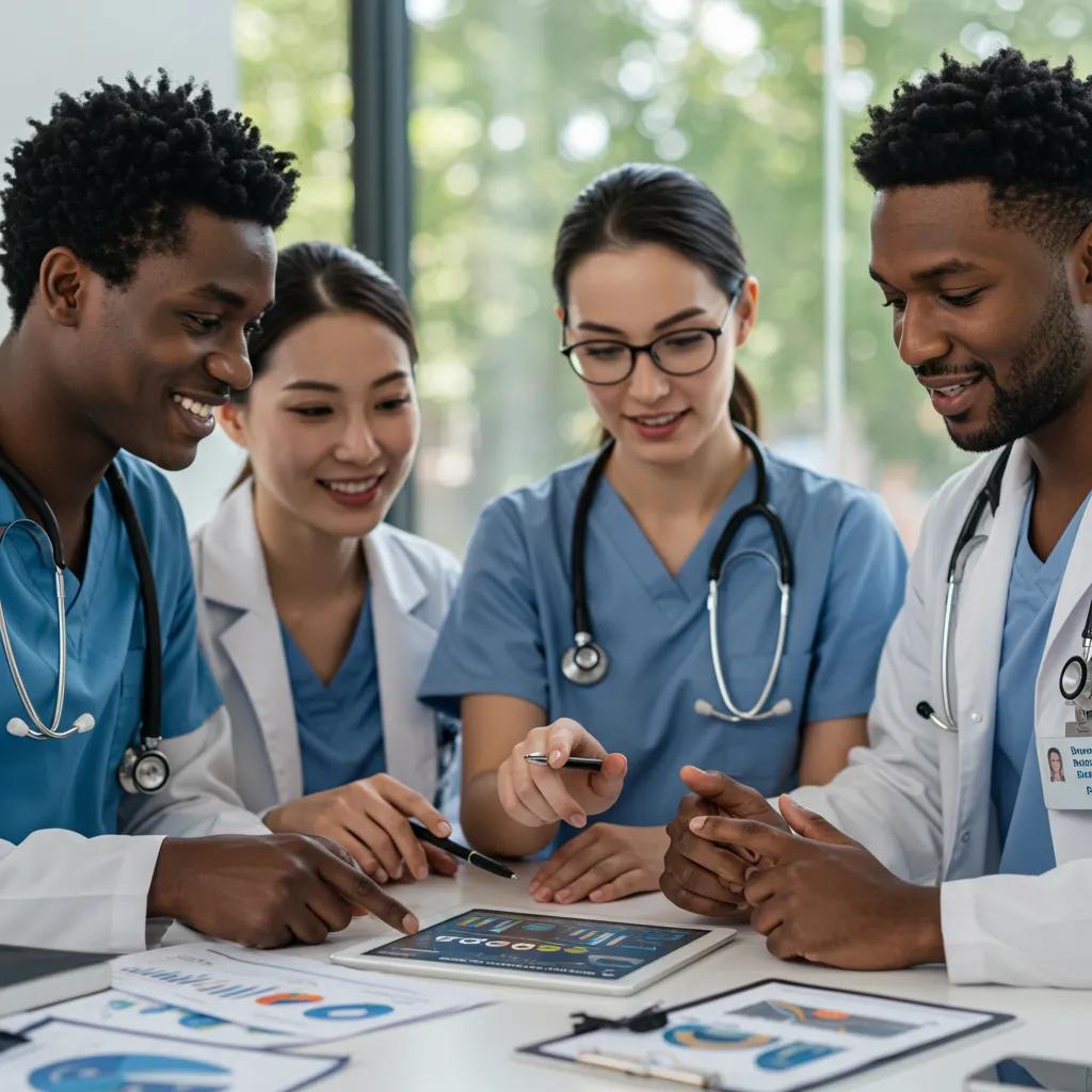 Healthcare professionals collaborating on audience personas in a modern setting