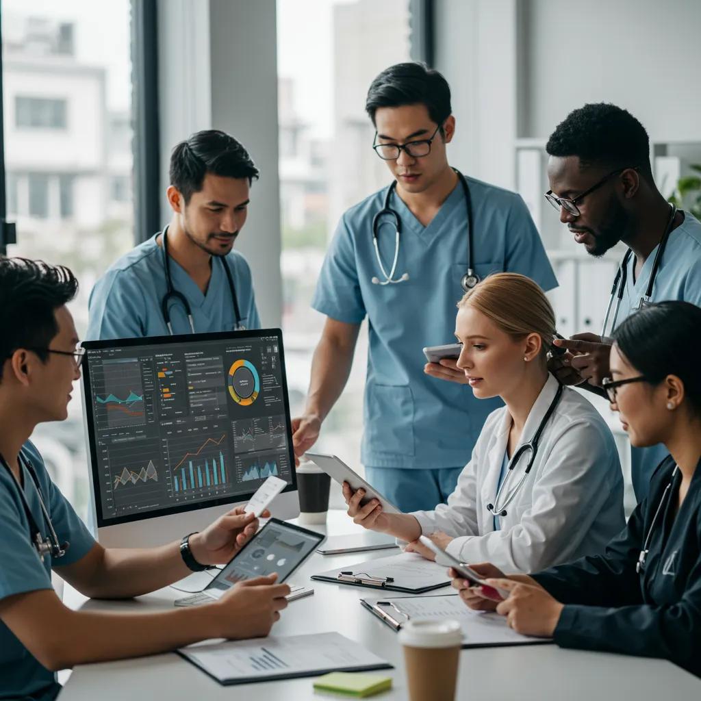 Mastering Content Analytics: Essential Best Practices Healthcare professionals collaborating on content analytics in a modern office