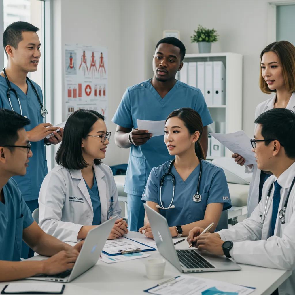 Healthcare professionals collaborating on content distribution strategies in a modern clinic