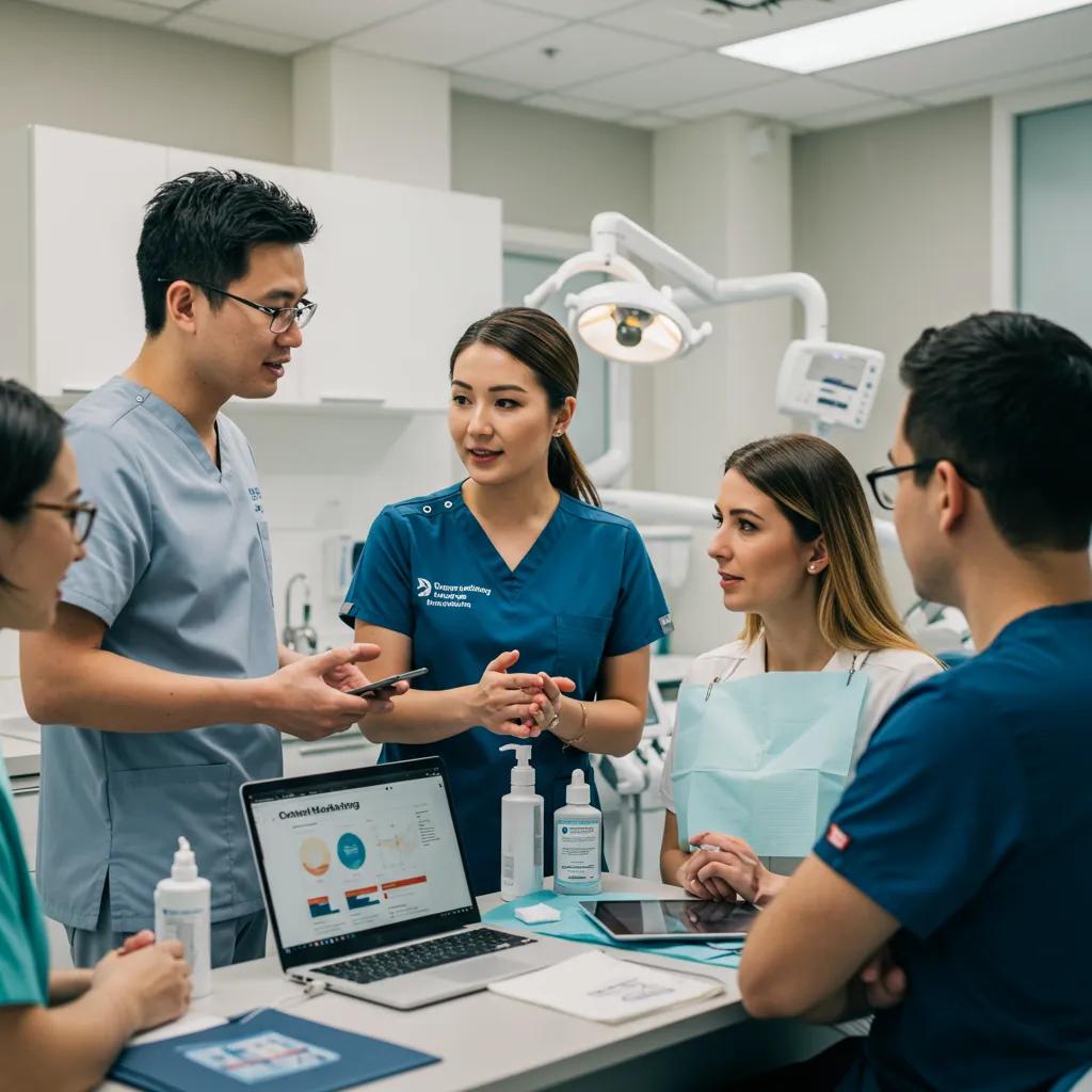 Healthcare professionals collaborating on content marketing strategies in a modern clinic