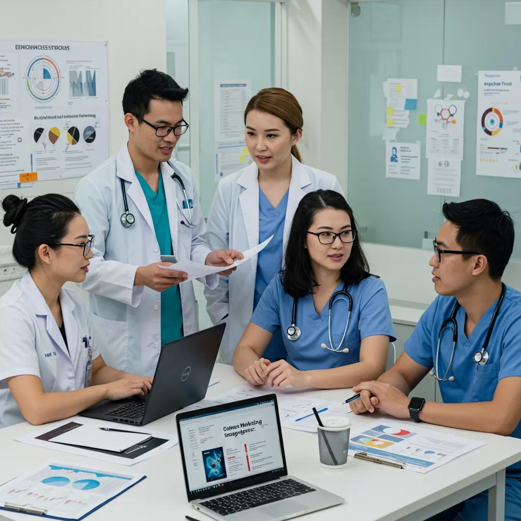 Healthcare professionals collaborating on content marketing strategies in a modern clinic