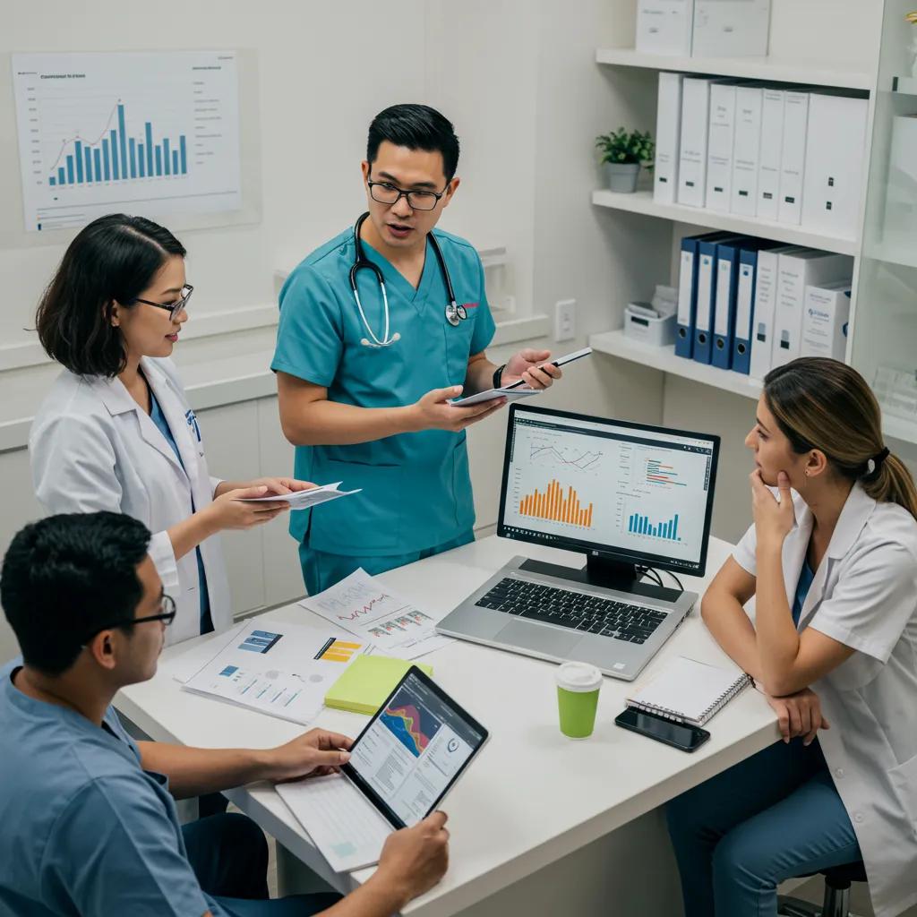 Healthcare professionals collaborating on content marketing strategies, analyzing data on tablets and laptops in a modern clinic setting, with charts and graphs visible on screens and documents.