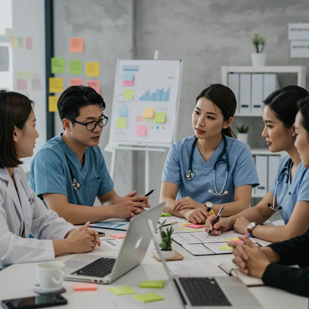 Healthcare marketing manager presenting a content marketing budget to a clinic board in a conference room