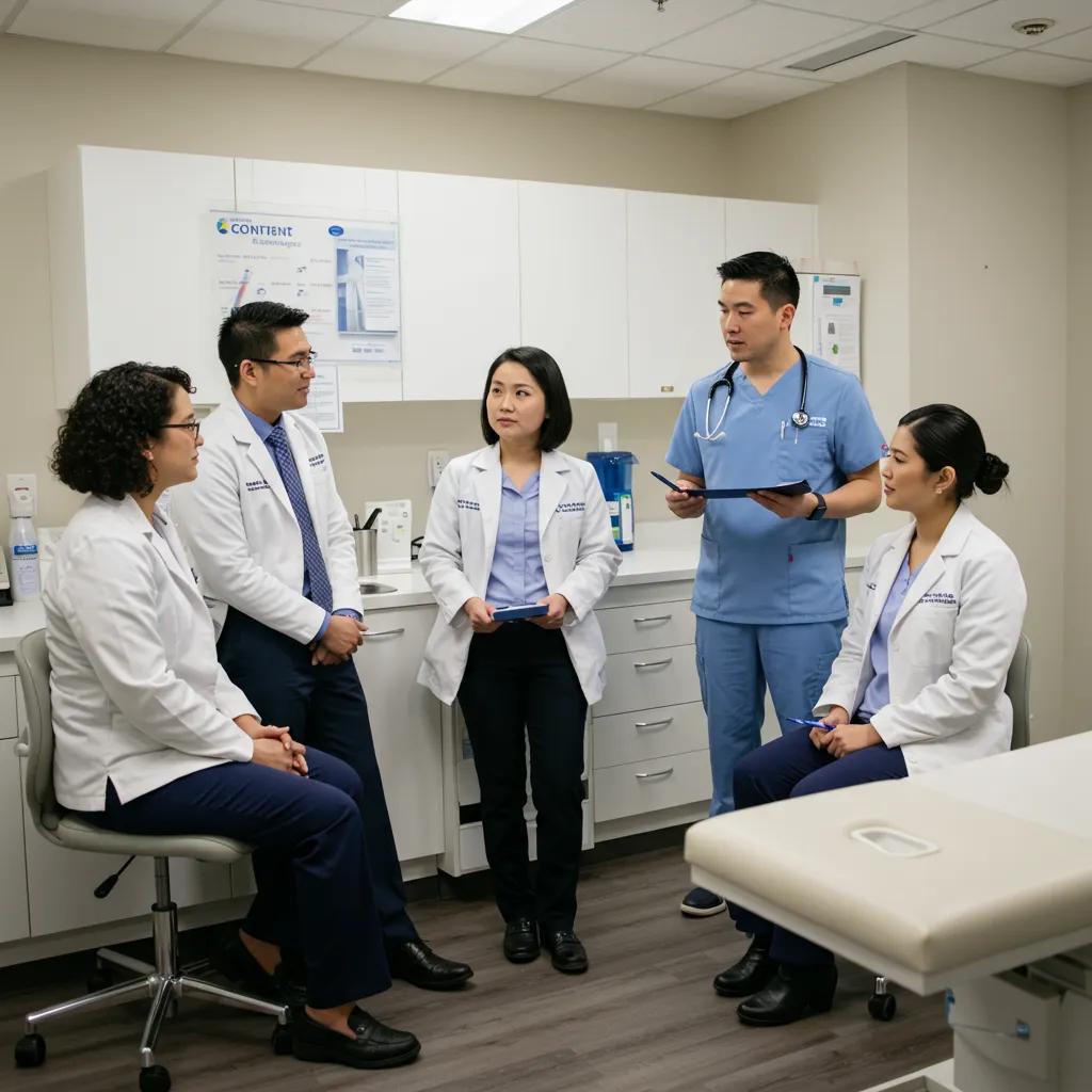 Healthcare professionals collaborating on content strategies in a modern clinic