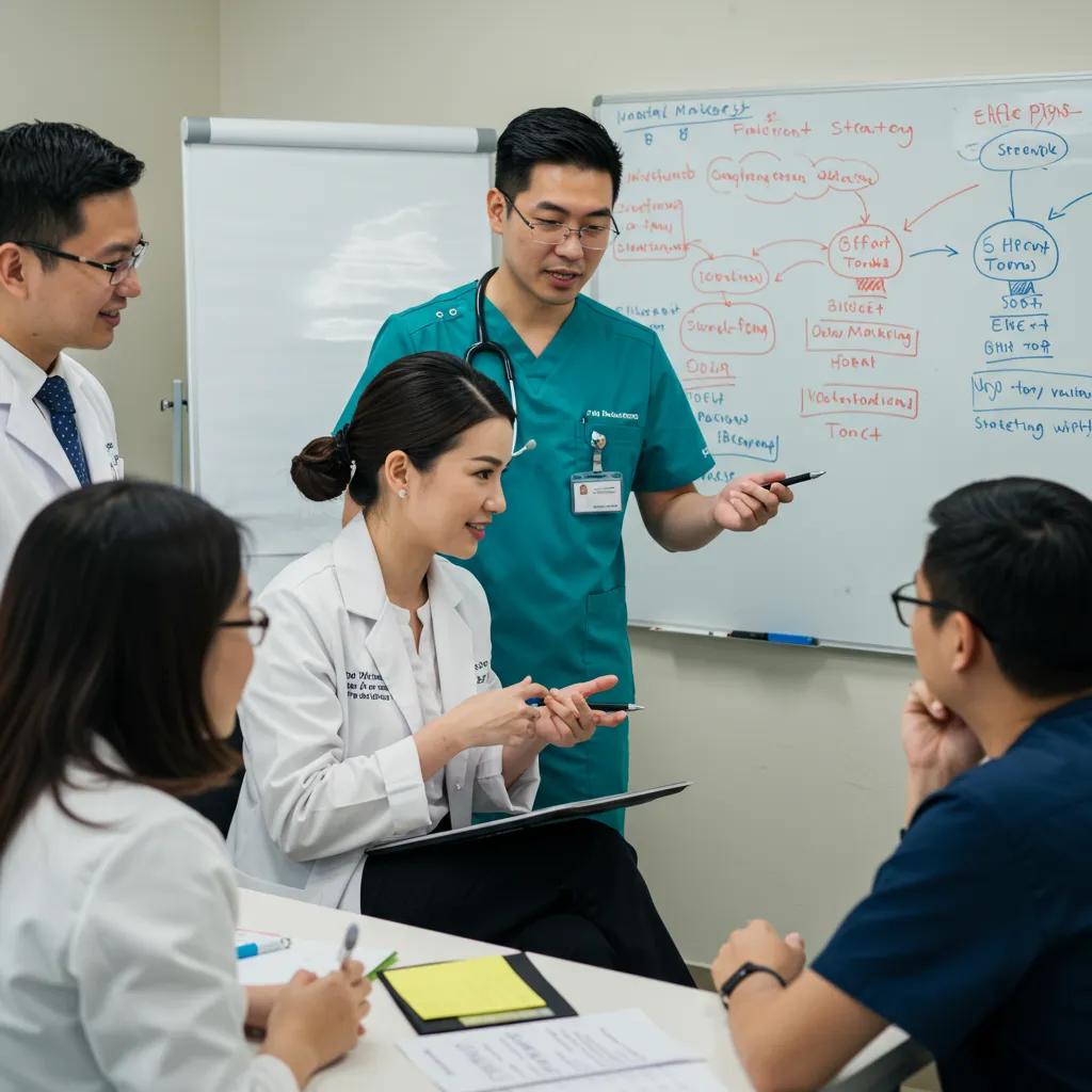 Healthcare professional leading a content strategy discussion with a dental practice team in a modern office