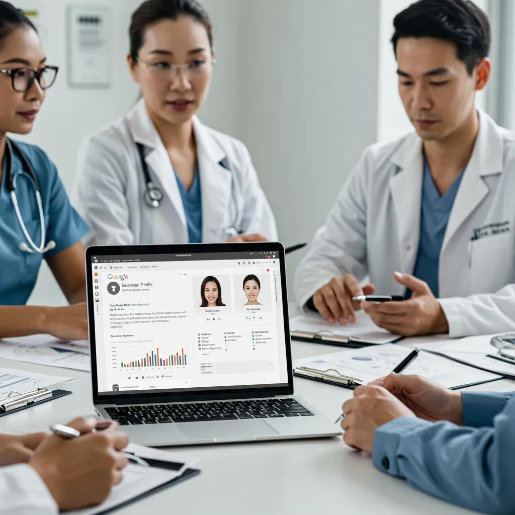 Healthcare professionals collaborating on online reputation management strategies in a modern clinic setting