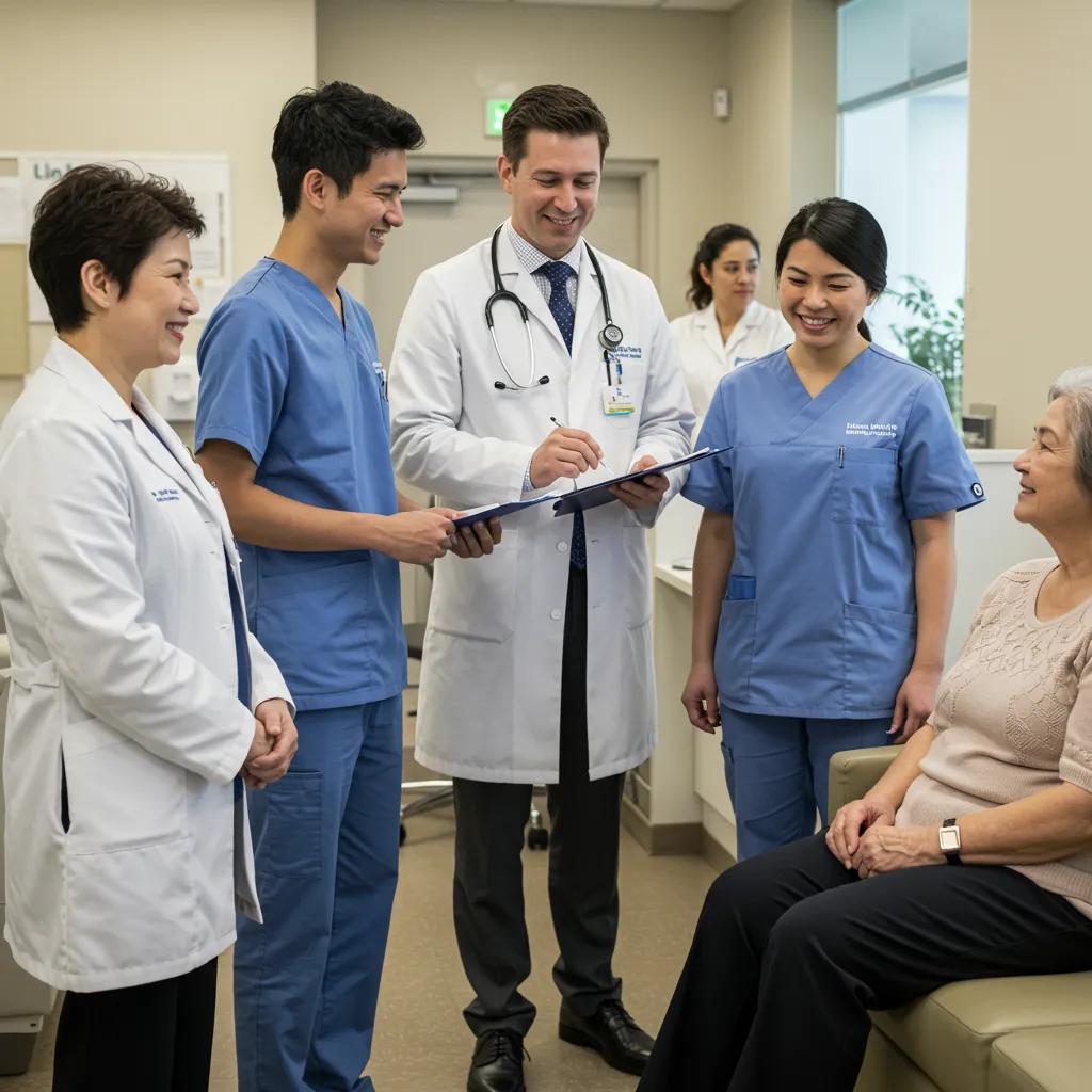 Healthcare professionals engaging with patients in a modern clinic, emphasizing trust and warmth