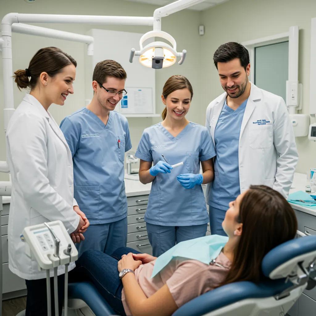 Healthcare professionals engaging with patients in a modern dental clinic