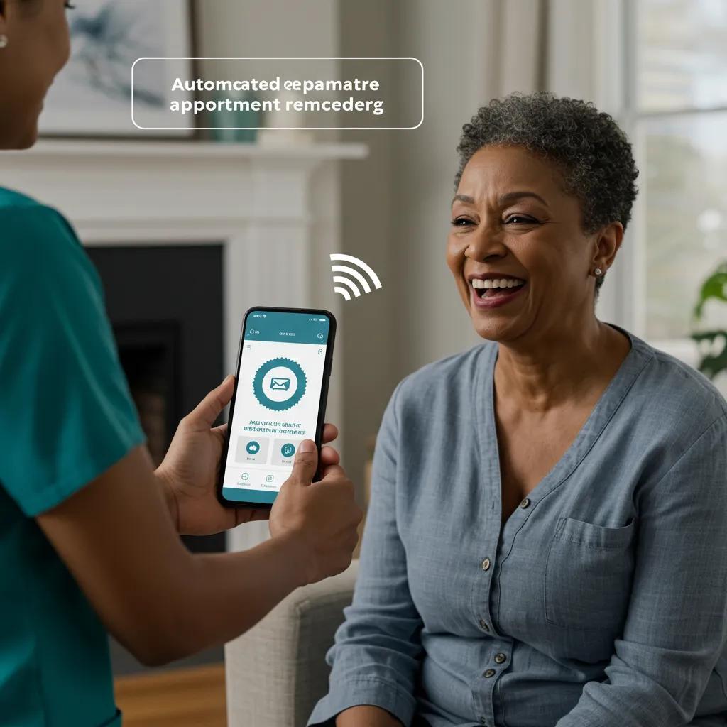 A healthcare provider sending appointment reminders to a patient via a smartphone in a comfortable home setting