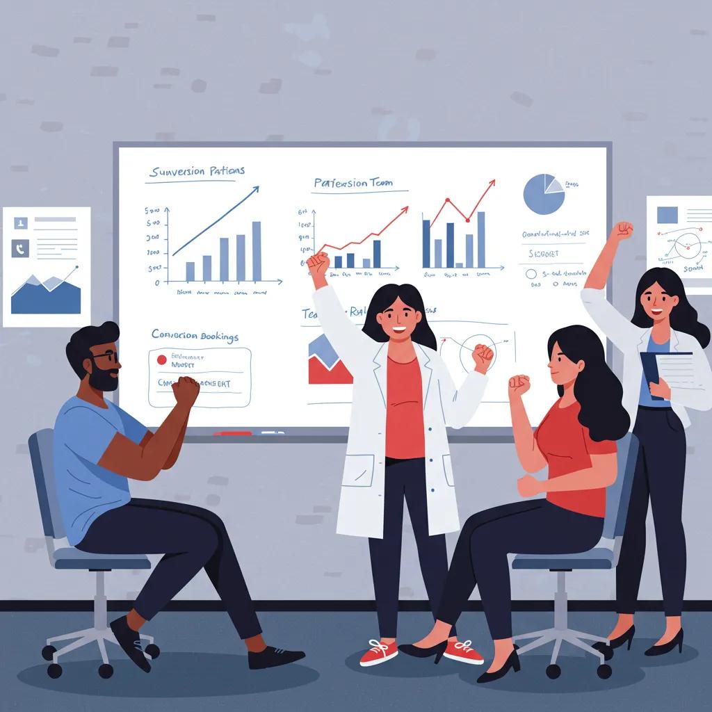 Healthcare team celebrating increased patient bookings, with conversion metrics displayed on a whiteboard, showcasing graphs and statistics related to patient engagement and appointment success.