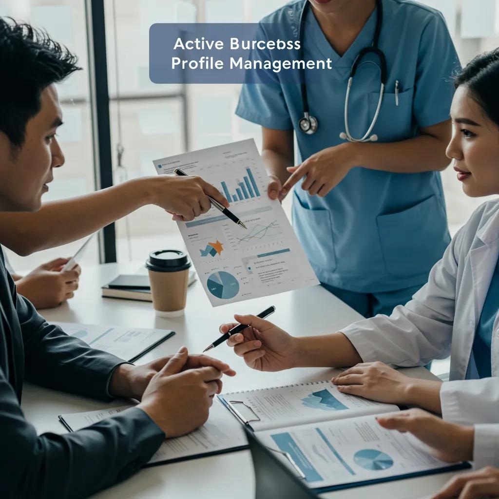 Healthcare team collaborating on active business profile management strategies in a modern office