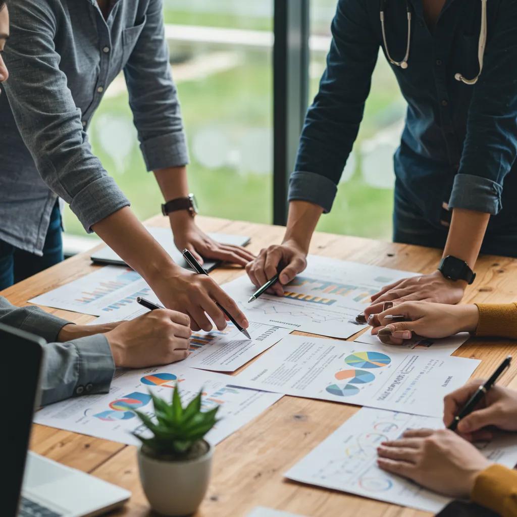 Healthcare team collaborating on content marketing strategies in a modern office