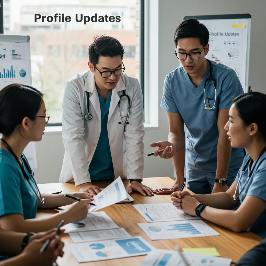 Healthcare team collaborating to address challenges in profile updates and management