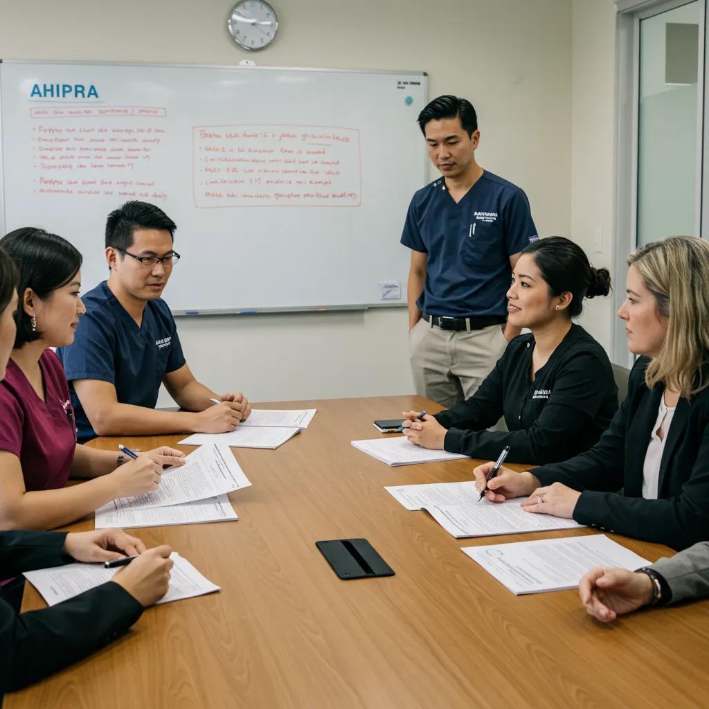 Healthcare team discussing AHPRA compliance guidelines in a meeting
