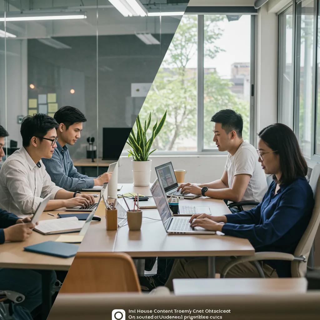 In-house and outsourced content management teams collaborating in modern and cozy environments